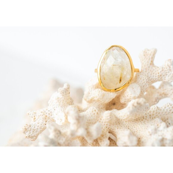 Gemstone Ring Golden Rutile Quartz Ring Statement Ring Gold Rutilated Quartz - Picture 3 of 11